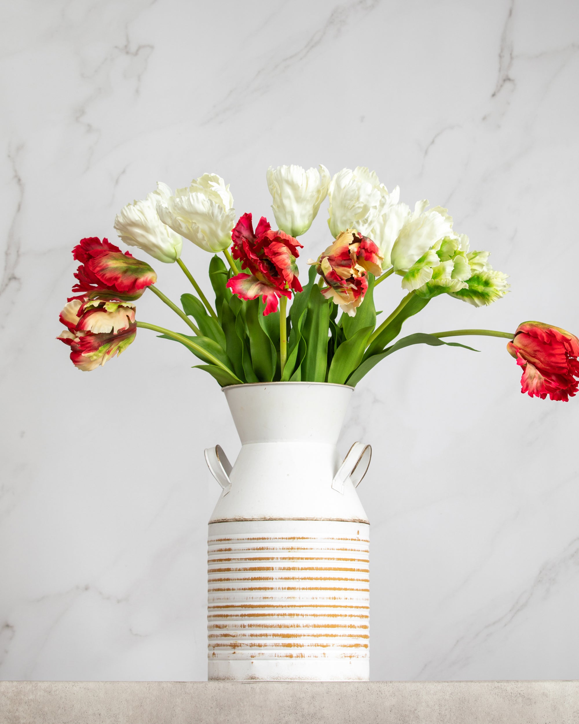 Prestige Botanicals Artificial Parrot Tulips in a white tin vase