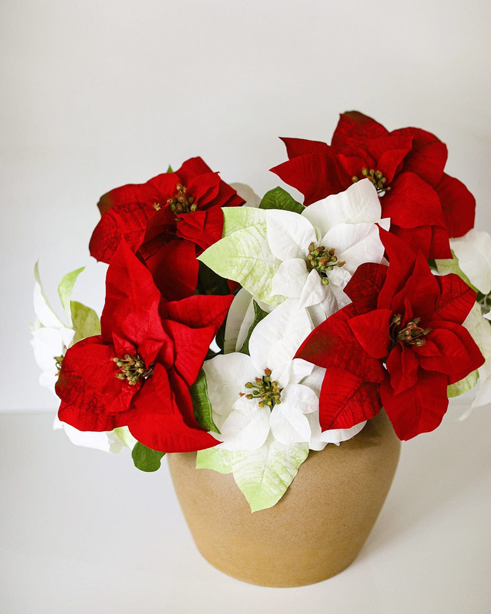 Red and White Silk Poinsettia Flowers Holiday Decor