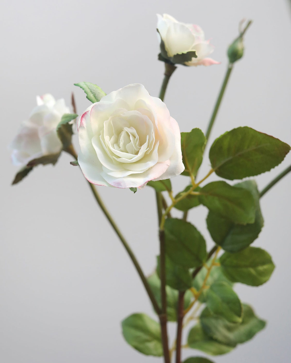 White faux rose spray with green leaves on a light gray background