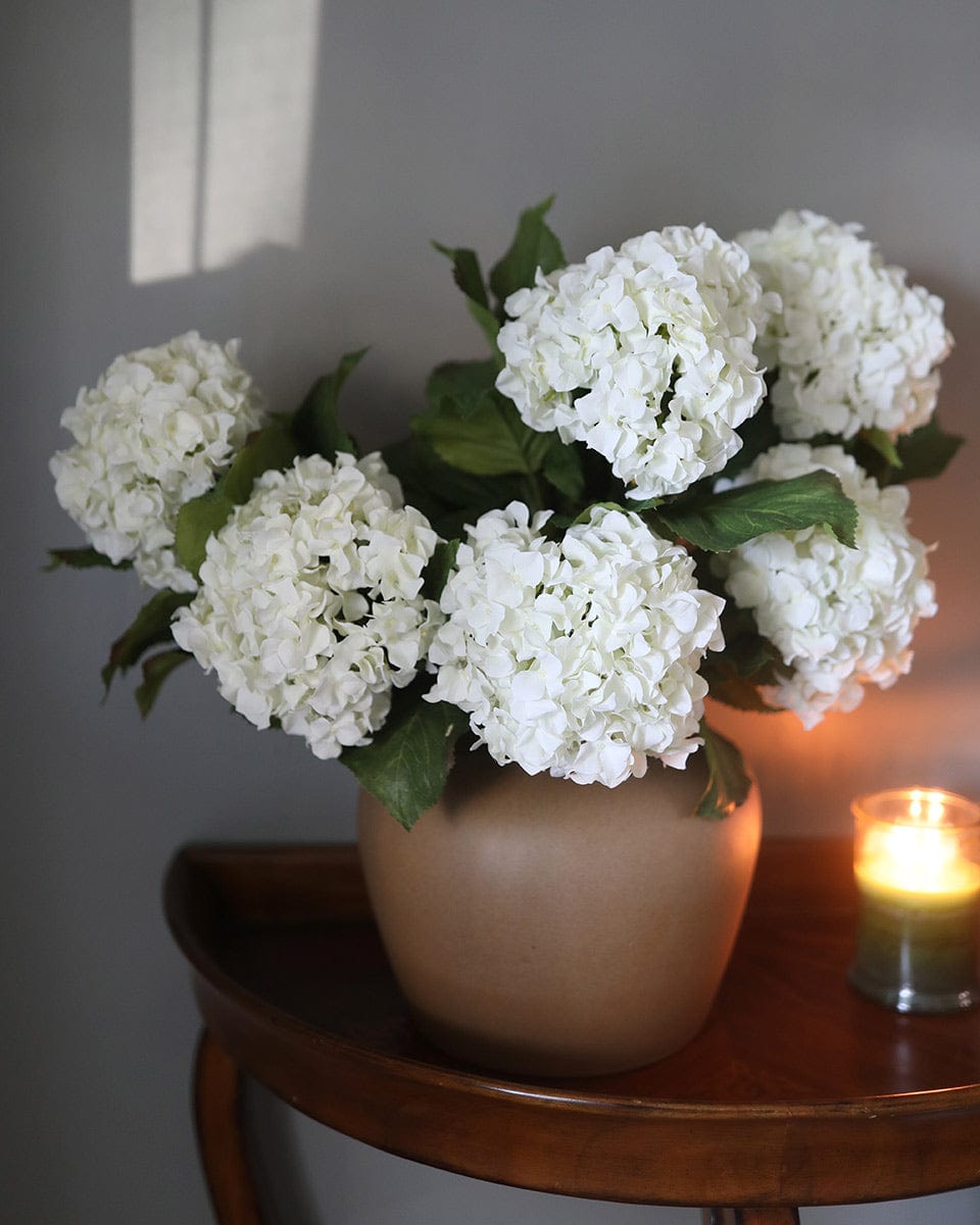 White Faux Flowers Large Hydrangeas in Ceramic Vase