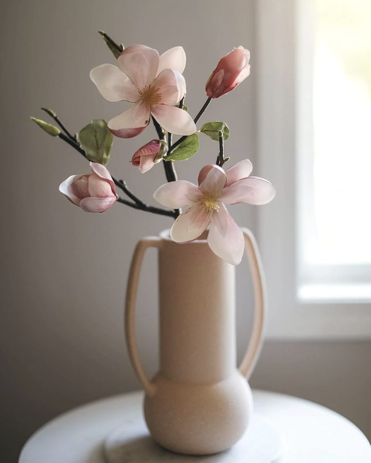 Faux Magnolias Pink Magnolia Blossoms in Pink Ceramic Vase