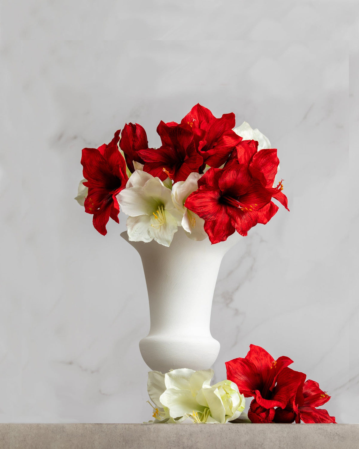 Prestige Botanicals Artificial Red and White Amaryllis Stems in a white vase