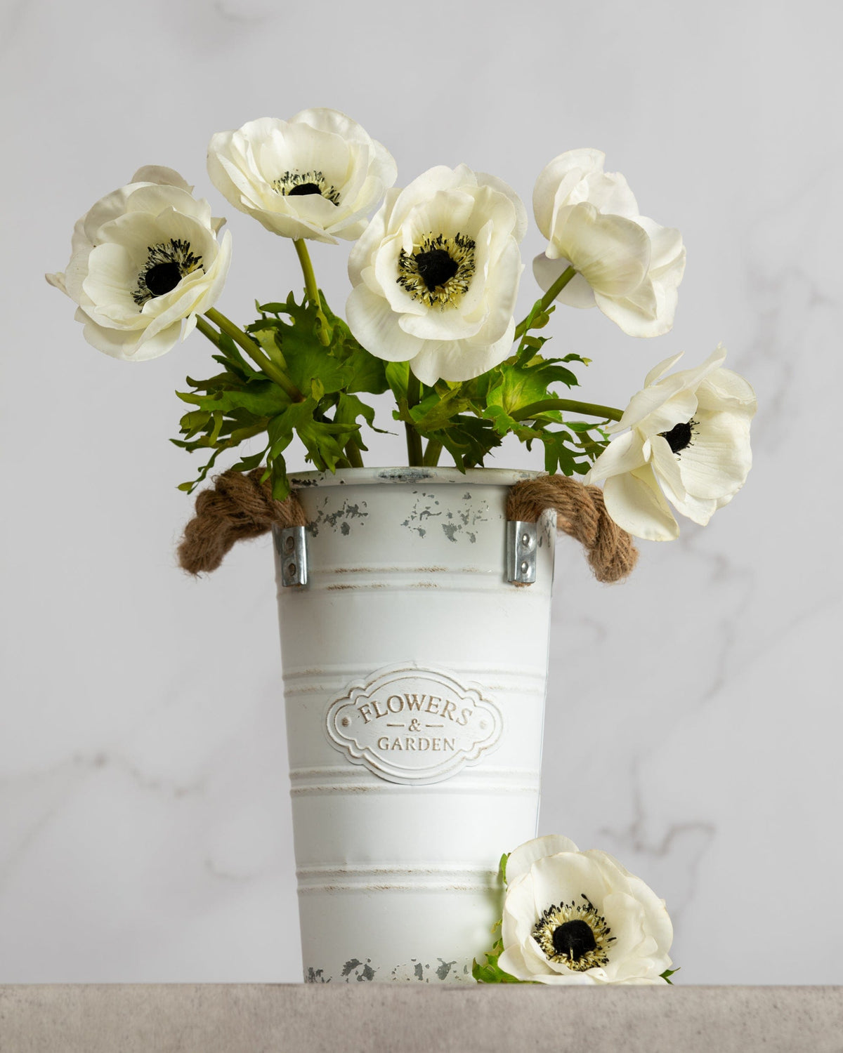 Prestige Botanicals Artificial White Anemone Flower stems in a white tin vase