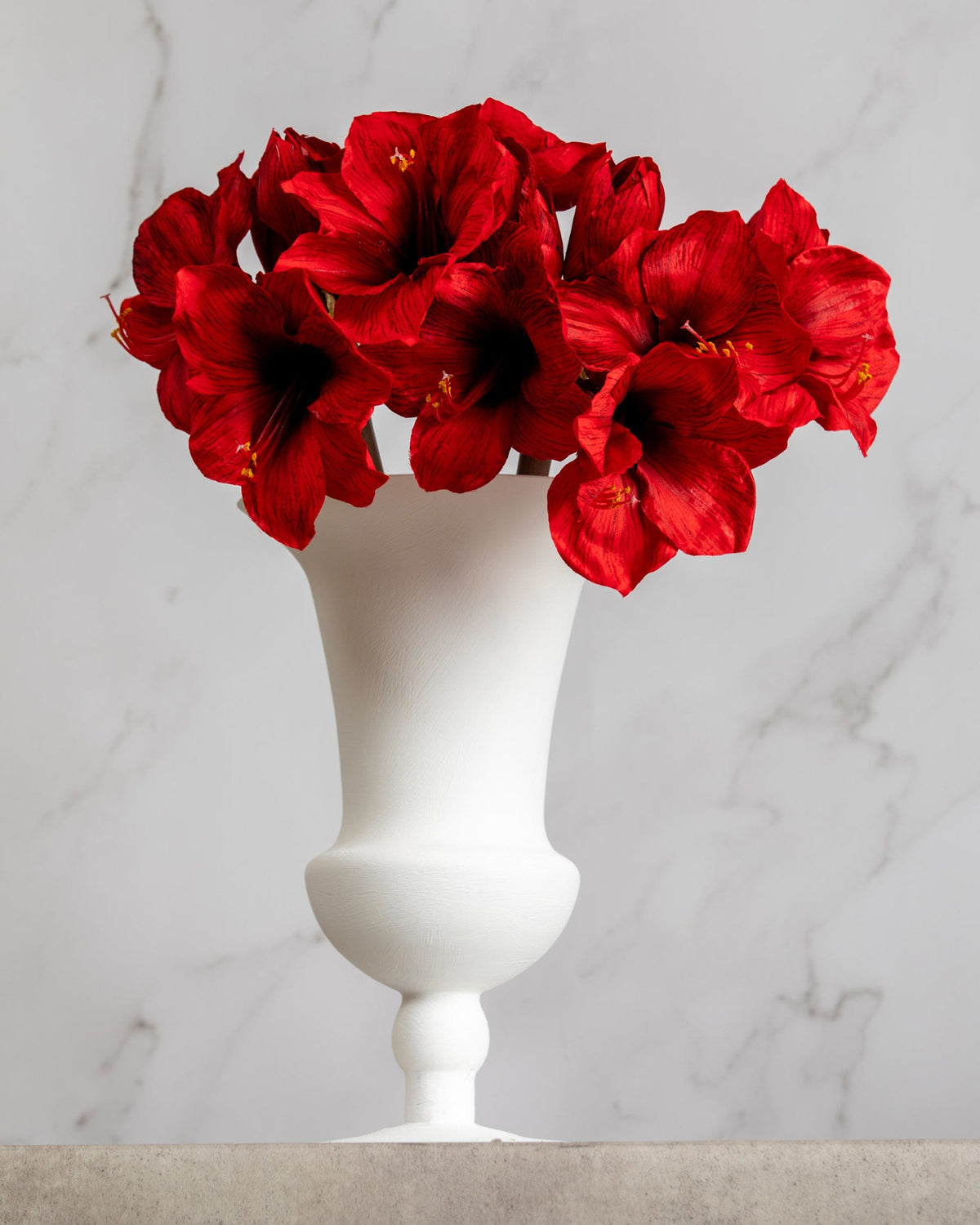 Prestige Botanicals Artificial Red Amaryllis Stems in a white vase