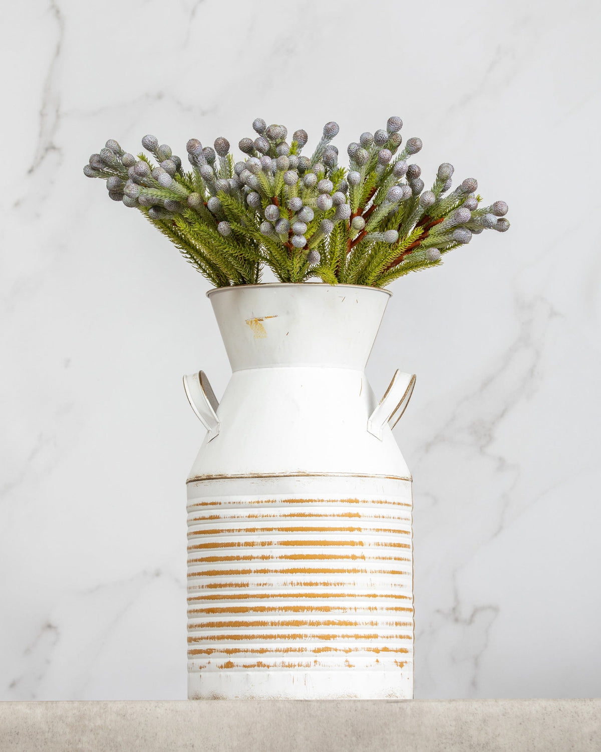 Prestige Botanicals Artificial Sandy Pine Stem foliage stems in a white tin vase