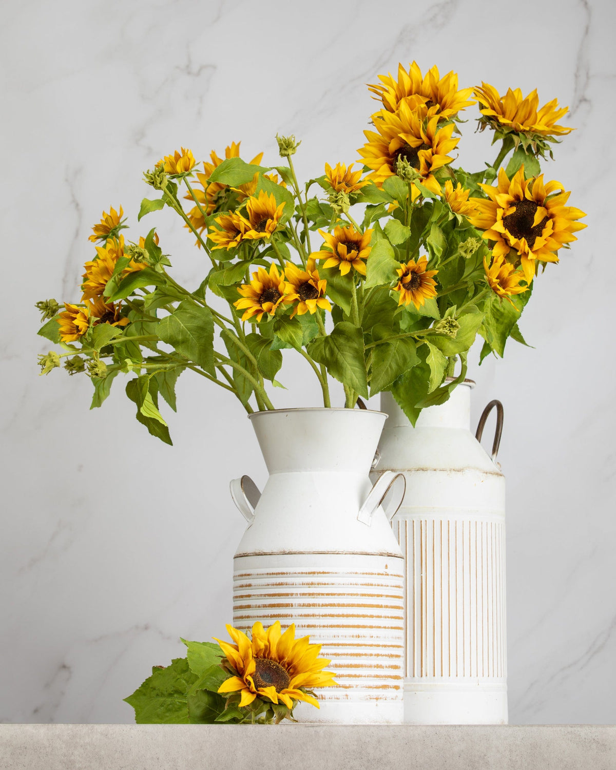Prestige Botanicals Artificial Sunflowers in two white tin vases