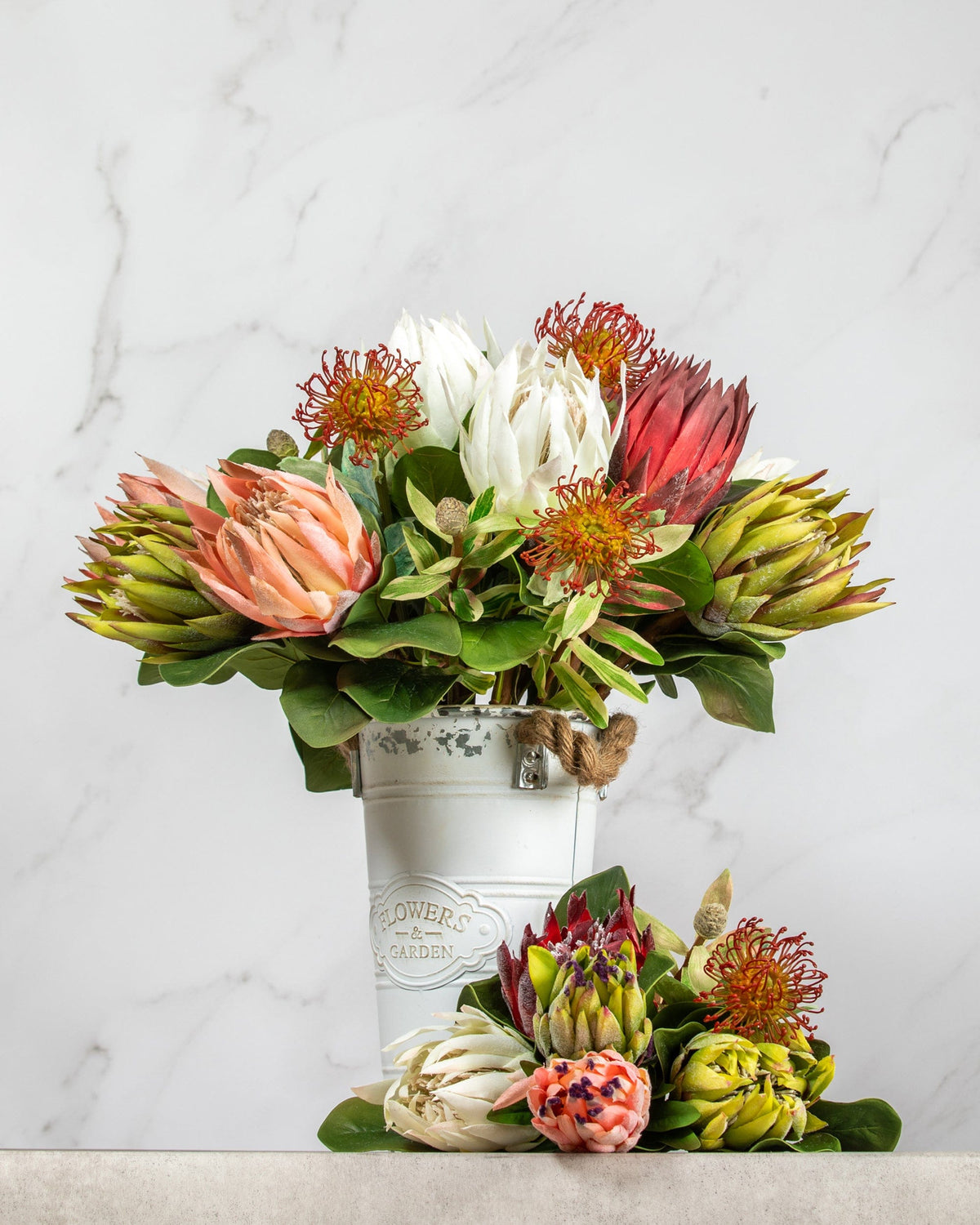 Prestige Botanicals Artificial Protea bouquet in a white tin vase
