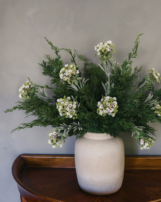 Fake Cedar Pine Arrangement with White Laurel Flowers for Holidays