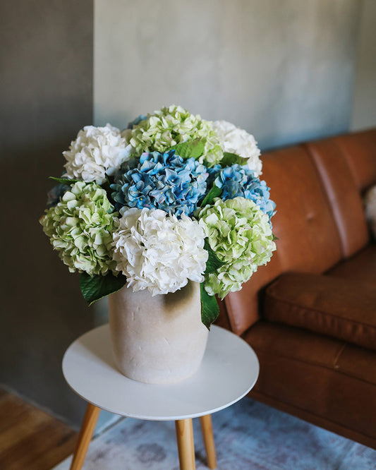 Real Touch Flowers Cream Green and Blue Hydrangea End Table Arrangement