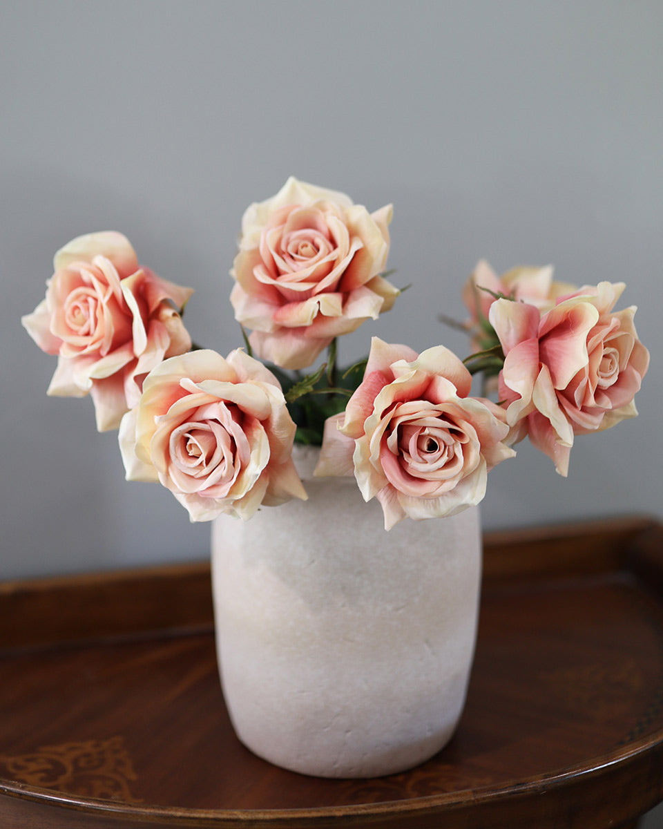 Peach Pink Real Touch Roses in Neutral Vase
