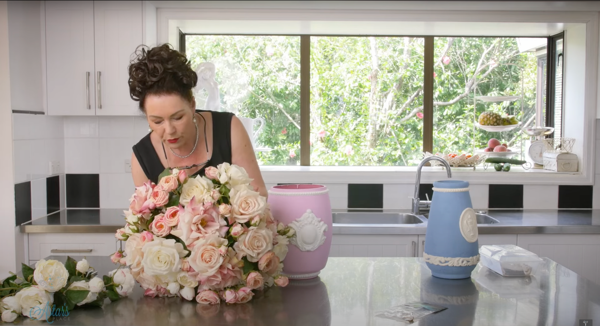 Wedding Floristry Idea: Pink Roses into a Pink Wedgewood Inspired Vase