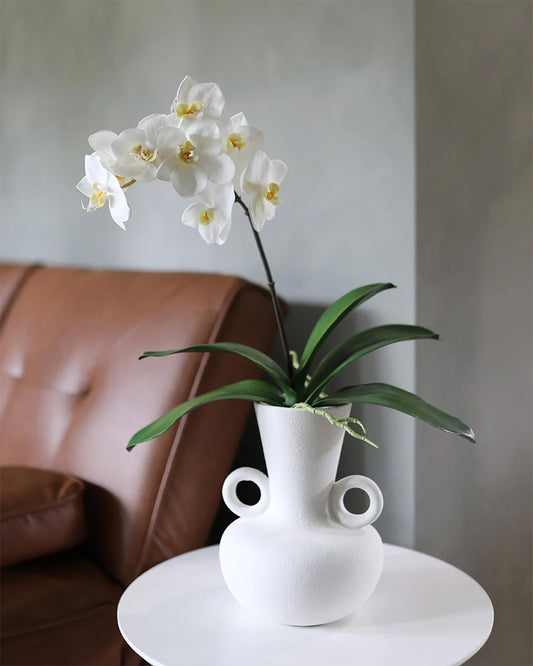 Faux White Phalaenopsis Orchid Stem Styled with Green Leaves