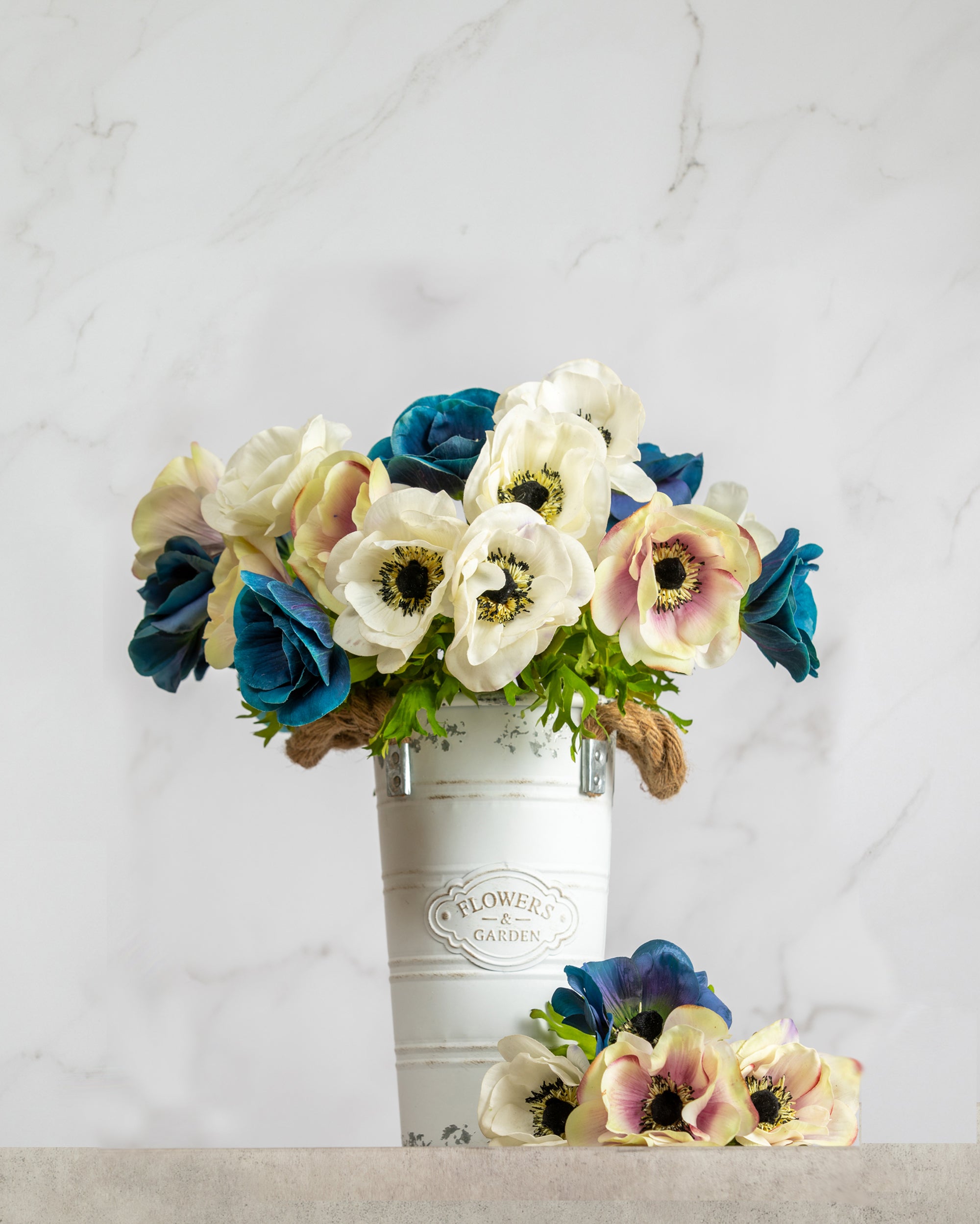 Prestige Botanicals Artificial Anemone flowers in a white tin vase