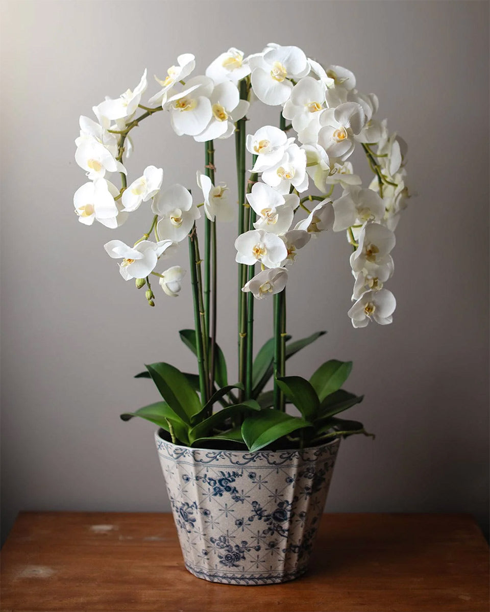 Artificial Orchid Plant in Blue Floral Vase