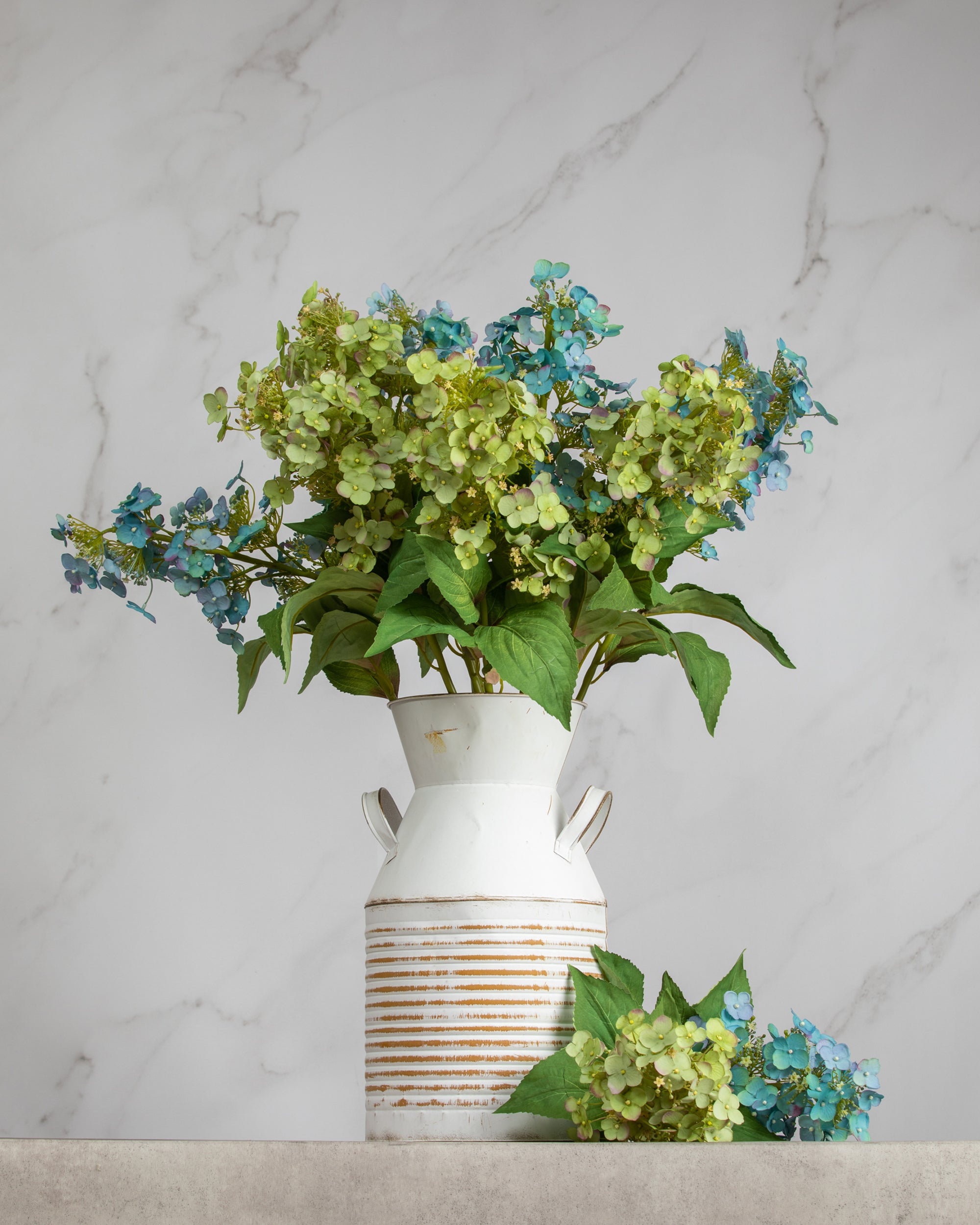 Prestige Botanicals Artificial Butterfly hydrangeas in a tin vase
