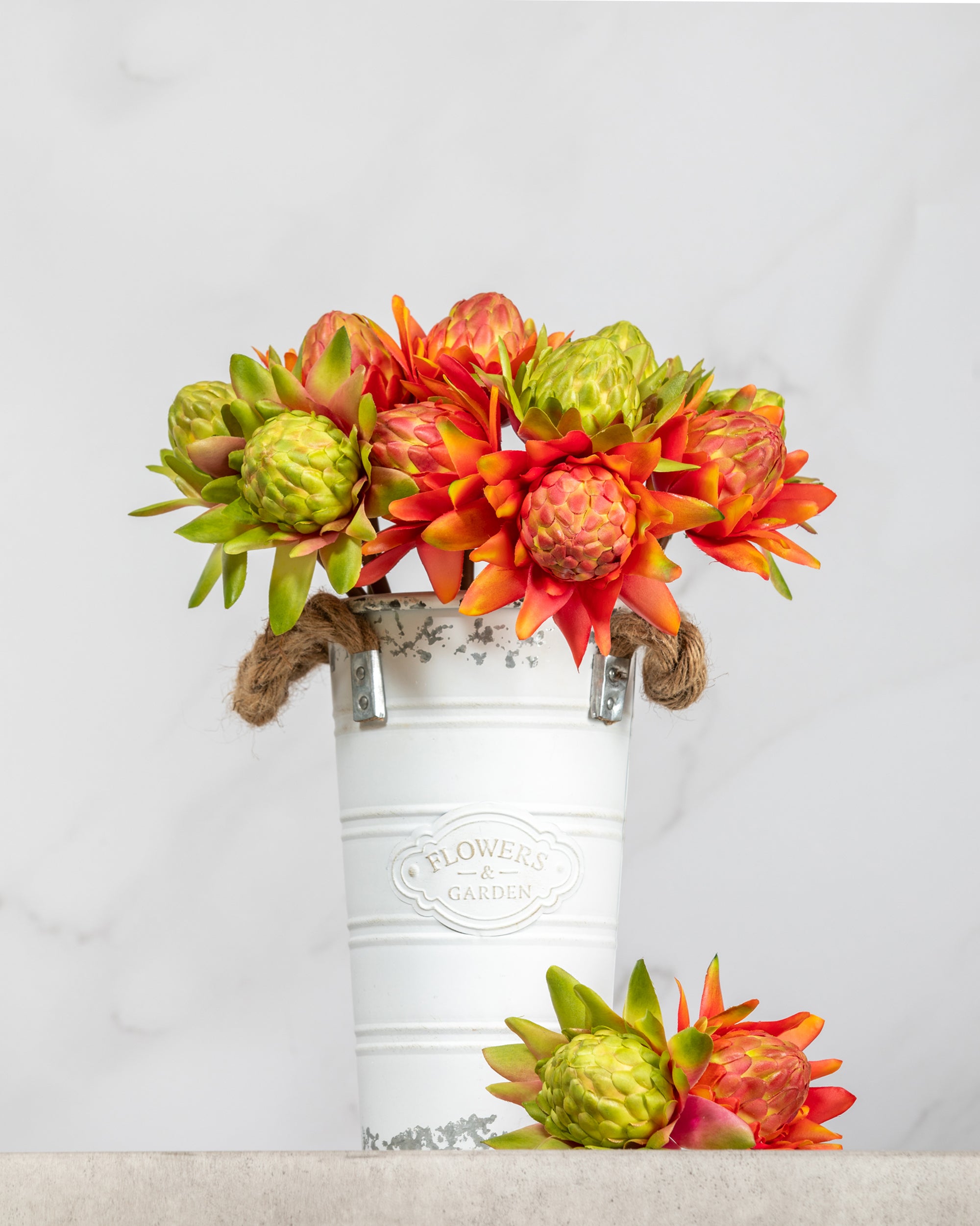 Prestige Botanicals Artificial Green and Orange Waratahs in a white tin vase