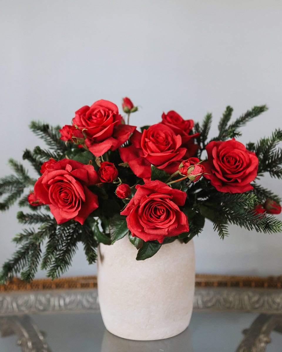 Red Real Touch Rose Holiday Arrangement with Cedar Pine