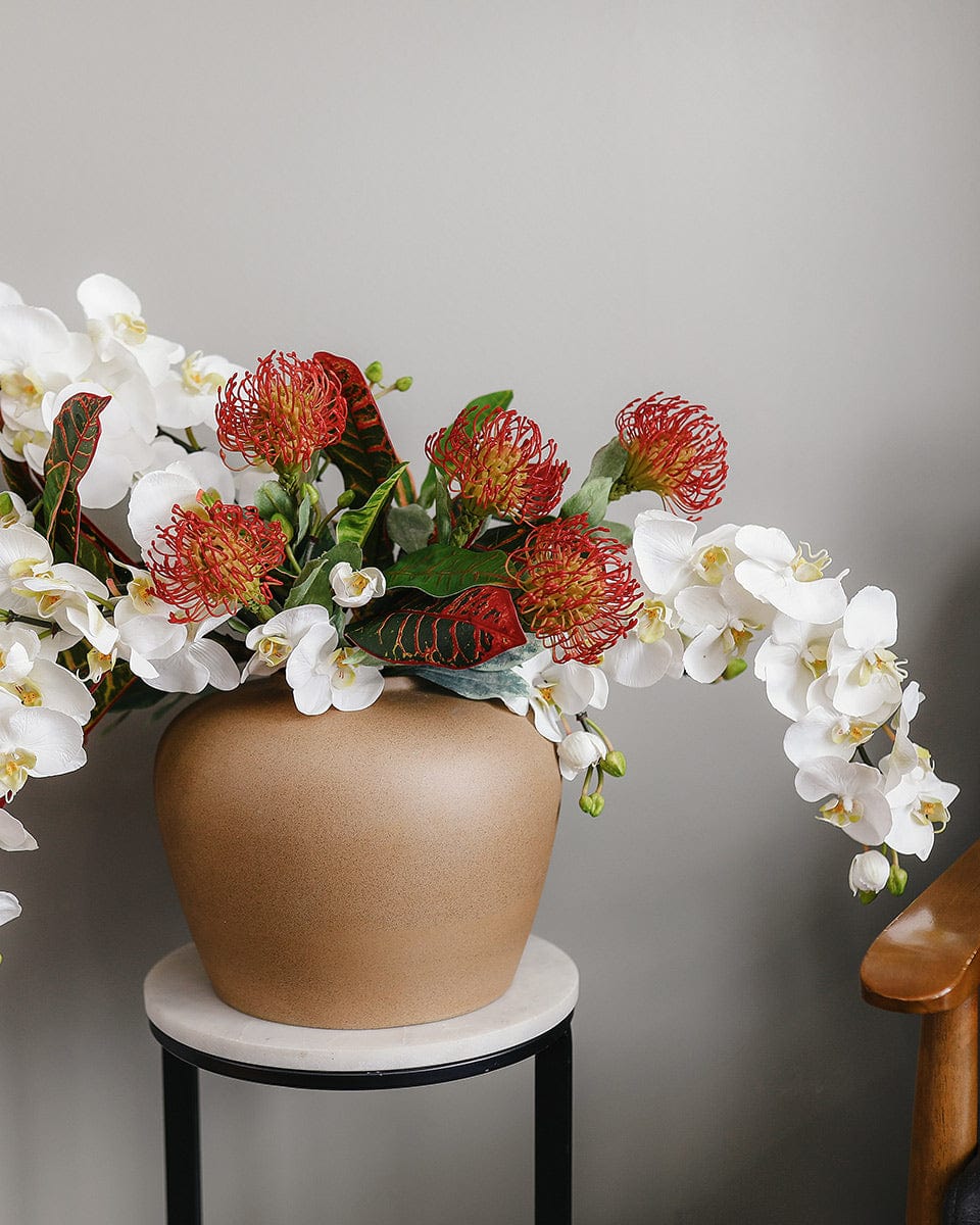 Tropical Flower Arrangement with Orange Proteas and White Orchids Fake Flowers