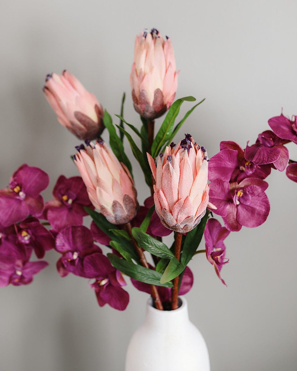 Artificial Flower Arrangement with Pink Orchids and Mink Proteas