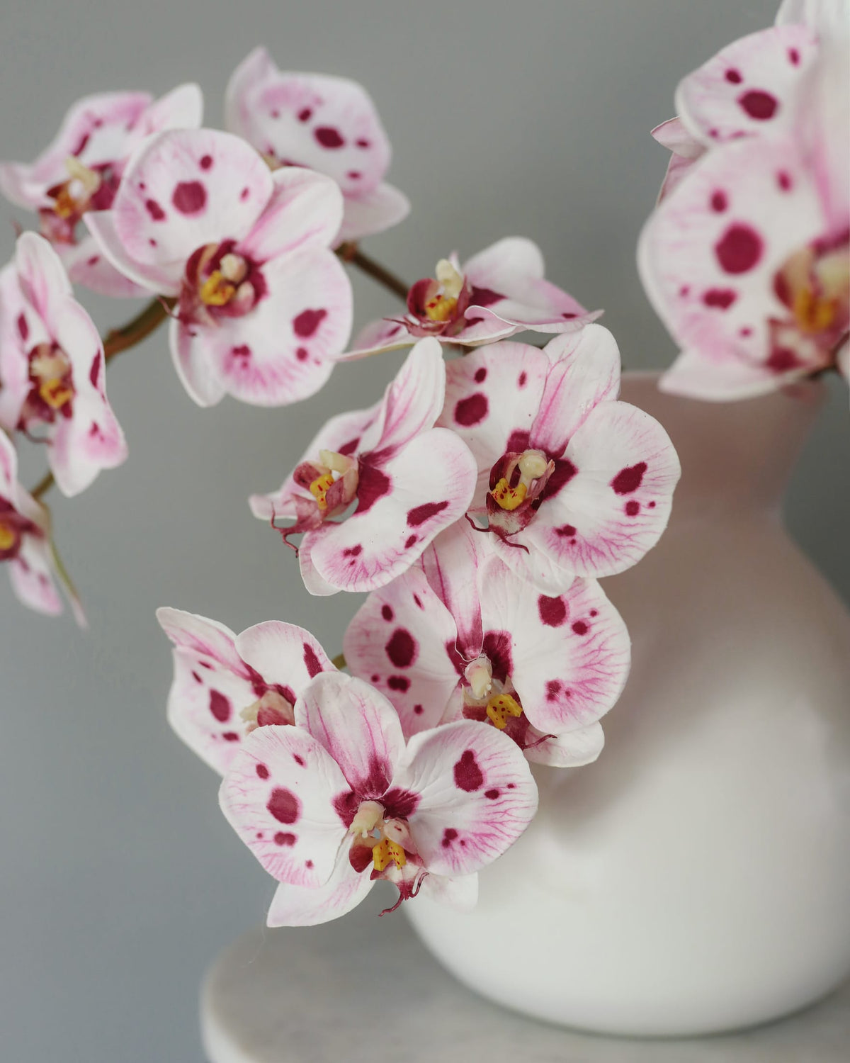 Faux pink and white spotted Phalaenopsis orchids arranged in a white ceramic vase against a soft gray background.