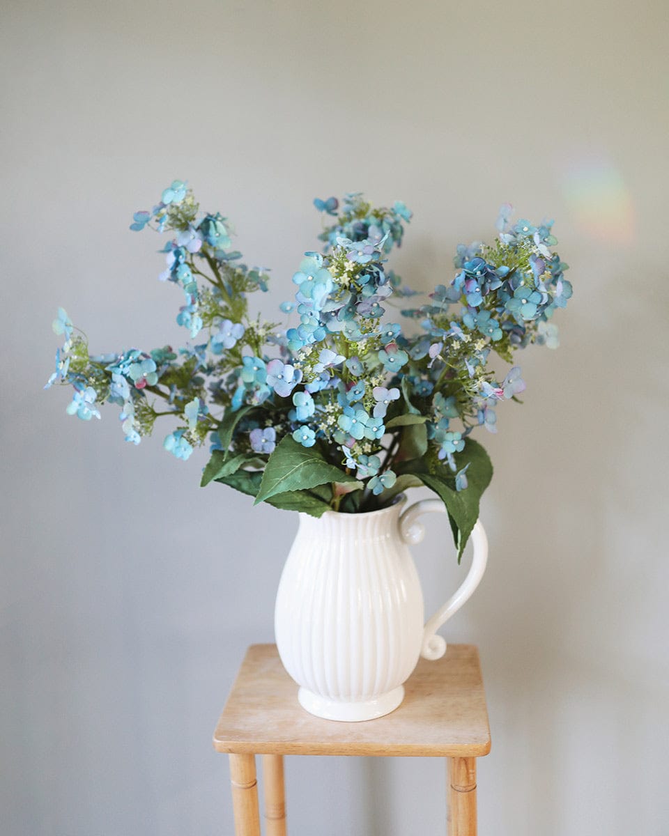 Butterfly Hydrangeas in Blue in Pitcher Vase