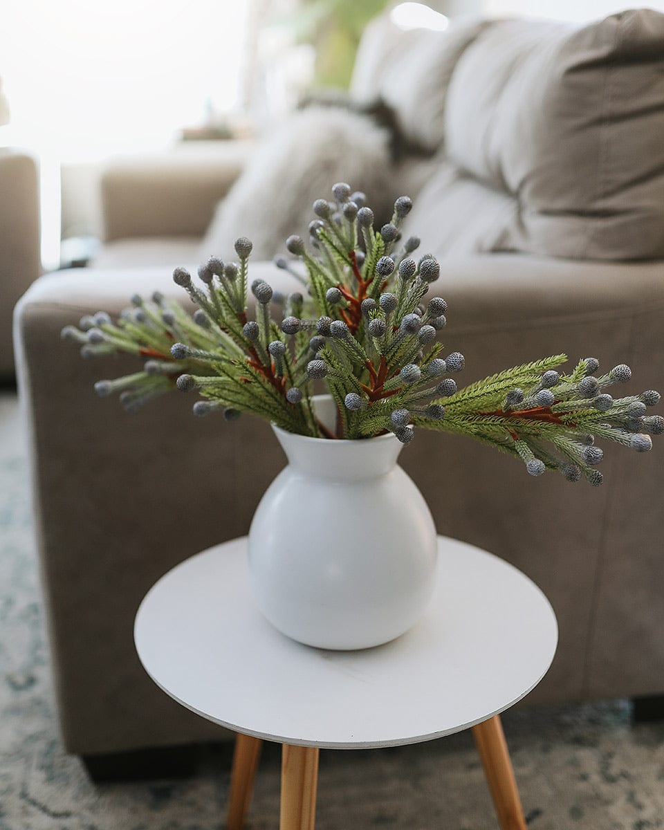 Faux Silver Brunia Stems in White Vase