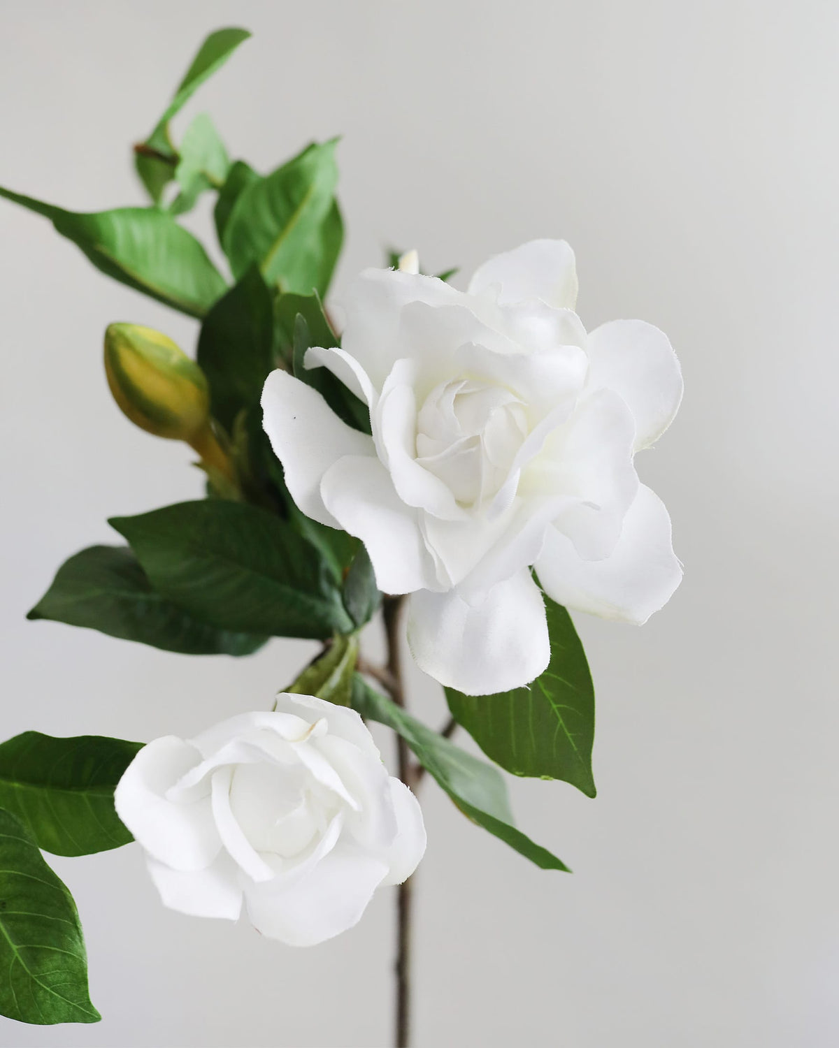 White faux gardenia flower branch with two large white blooms, green leaves, and a small yellow-green bud on a plain light background.