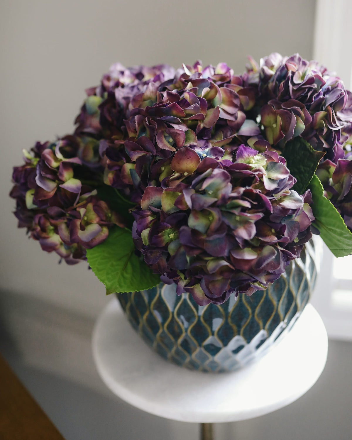 Premium Faux Hydrangeas in Purple in Vase