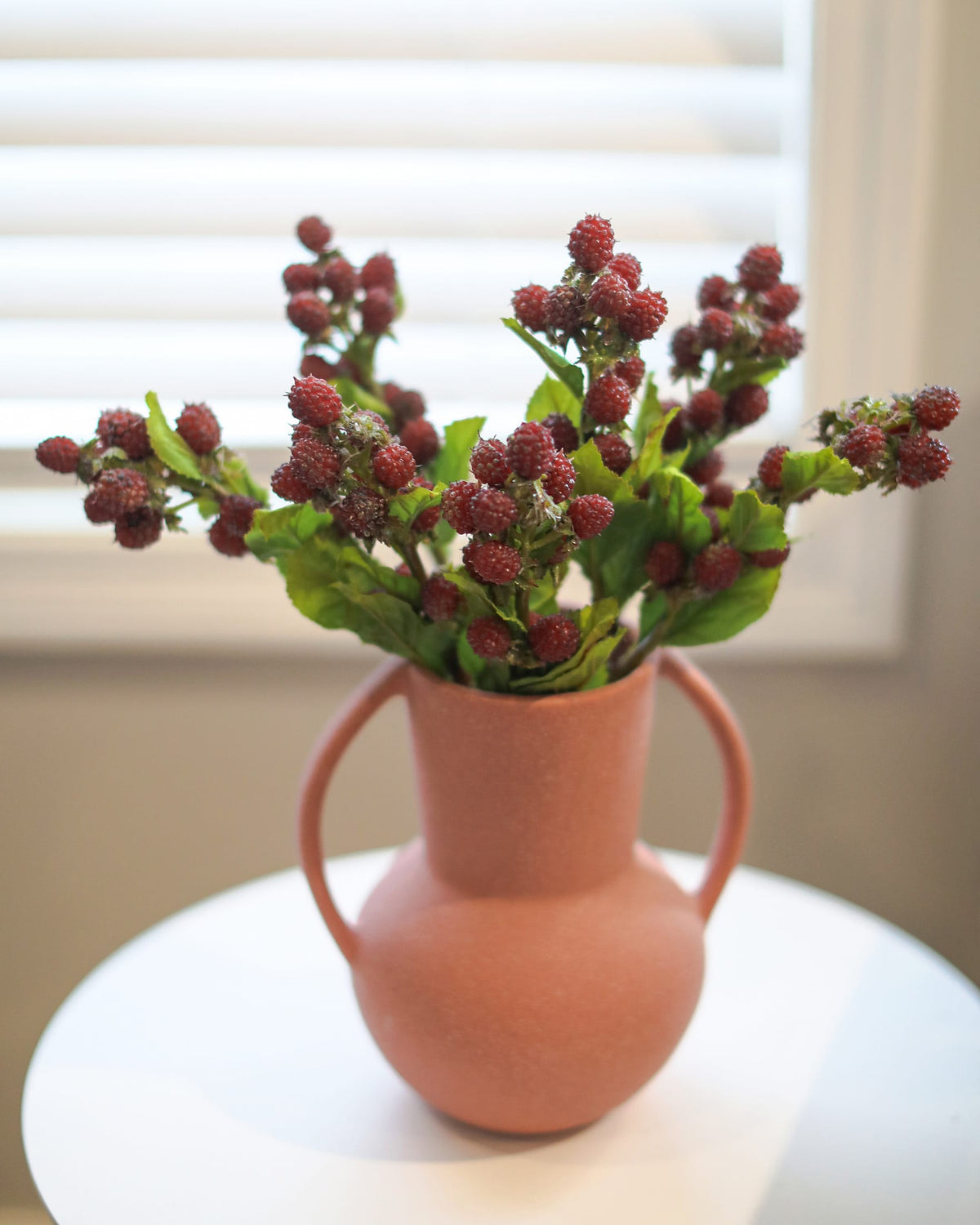 Terracotta vase with faux raspberries and green leaves on a white surface.