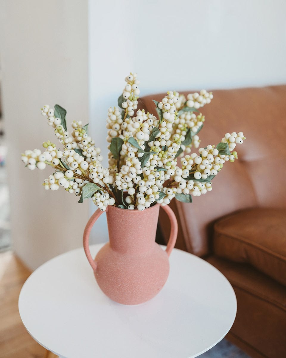 Artificial Snowberries in Cream White in Pink Vase