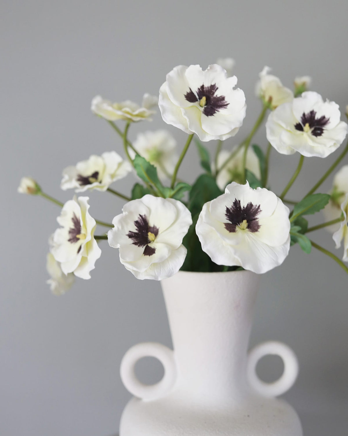 White faux pansies flowers with dark purple centers arranged in a white ceramic vase with side loops against a soft gray background.