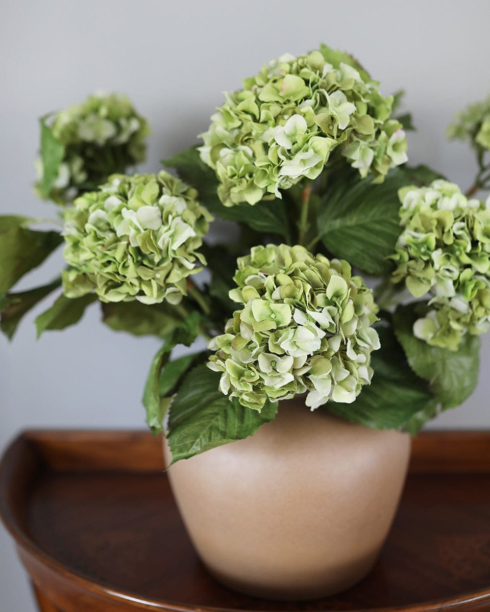 Green Artificial Hydrangea Flowers in Ceramic Vase