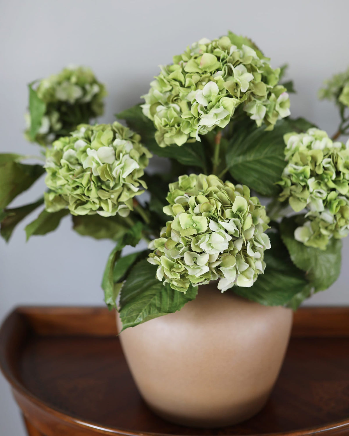 Green faux hydrangea arrangement in a beige vase on a wooden surface with a gray background