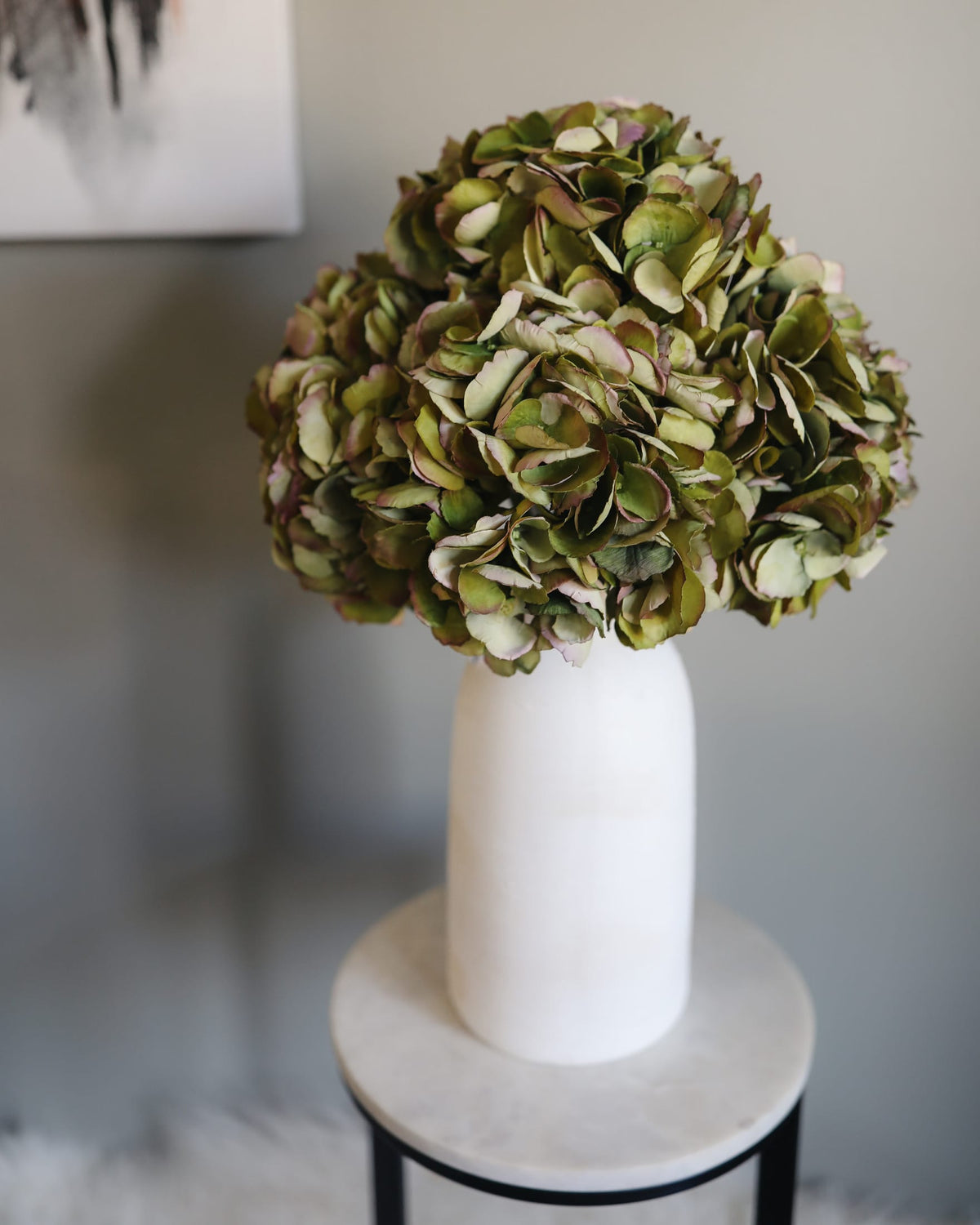 Dried Look Green and Burgundy Fake Hydrangeas in Vase