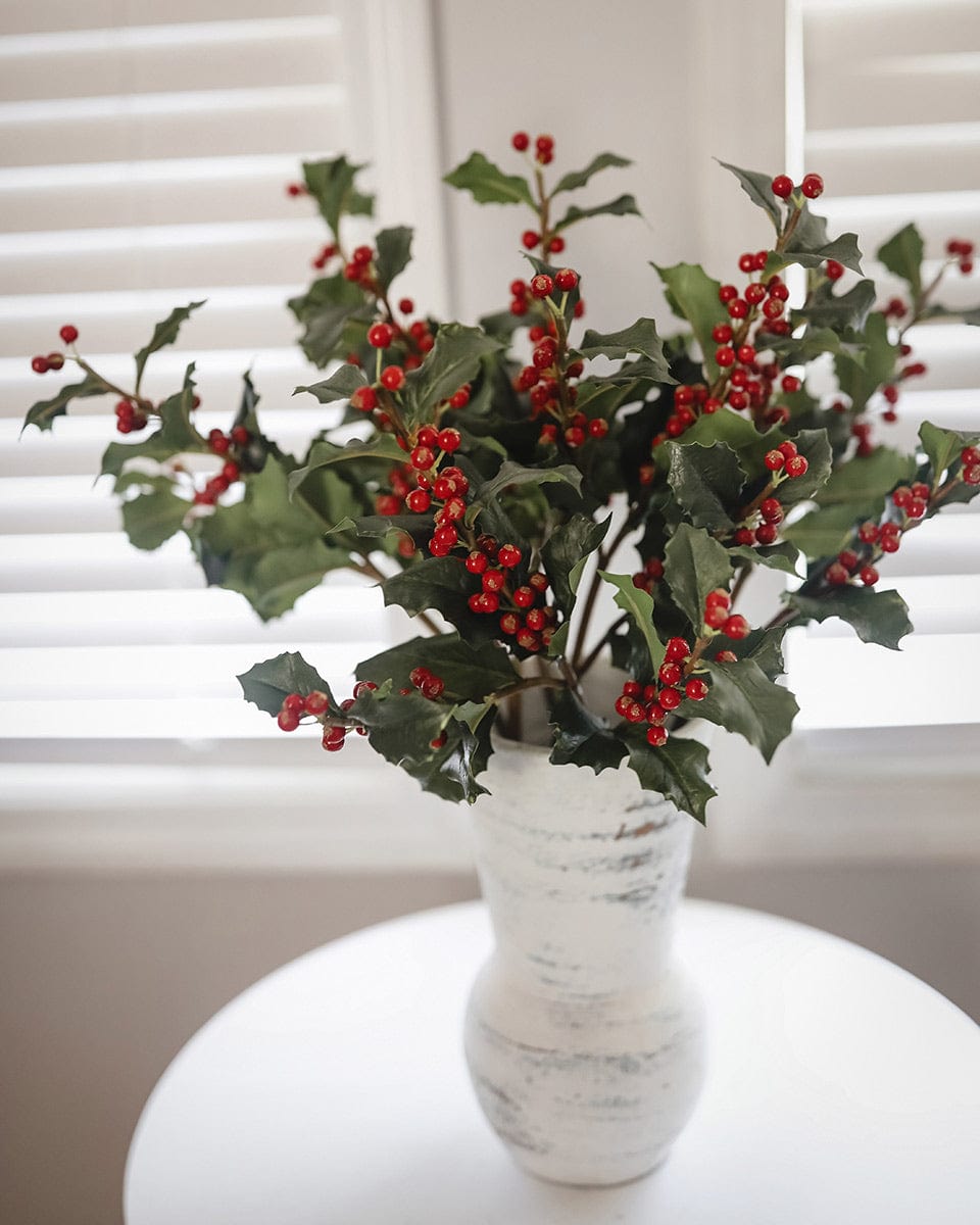 Faux Holly Leaves and Red Berries Branches in Vase