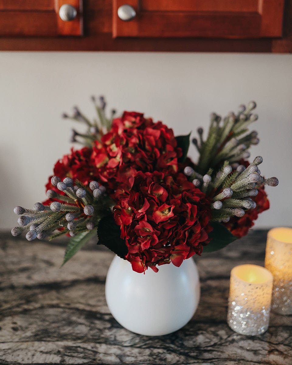 Red Artificial Hydrangea Blossoms with Silver Brunia Stems