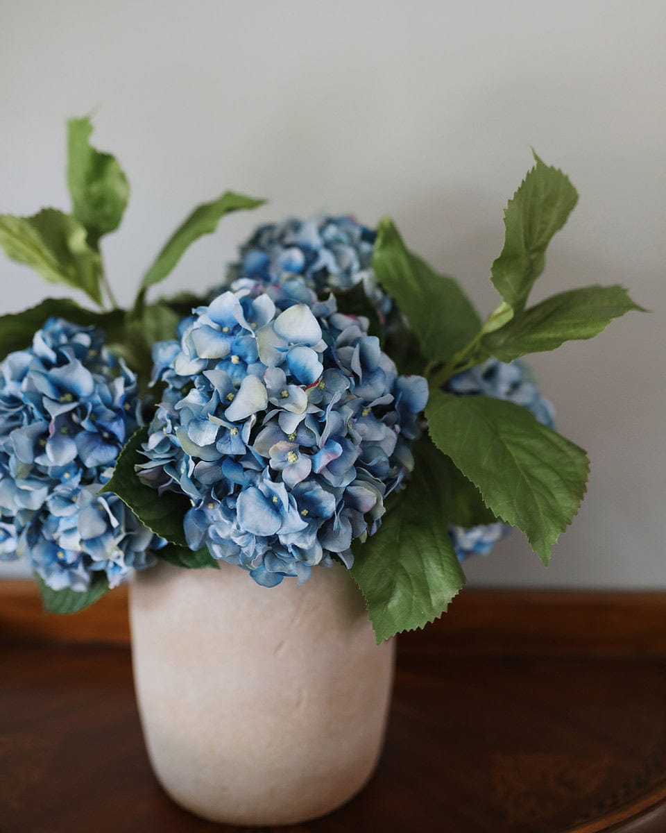 Blue Hydrangeas and Hydrangea Leaves in Ceramic Vase