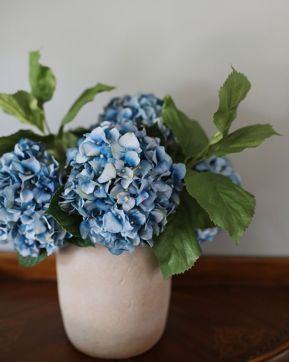 Blue Hydrangeas and Hydrangea Leaves in Ceramic Vase