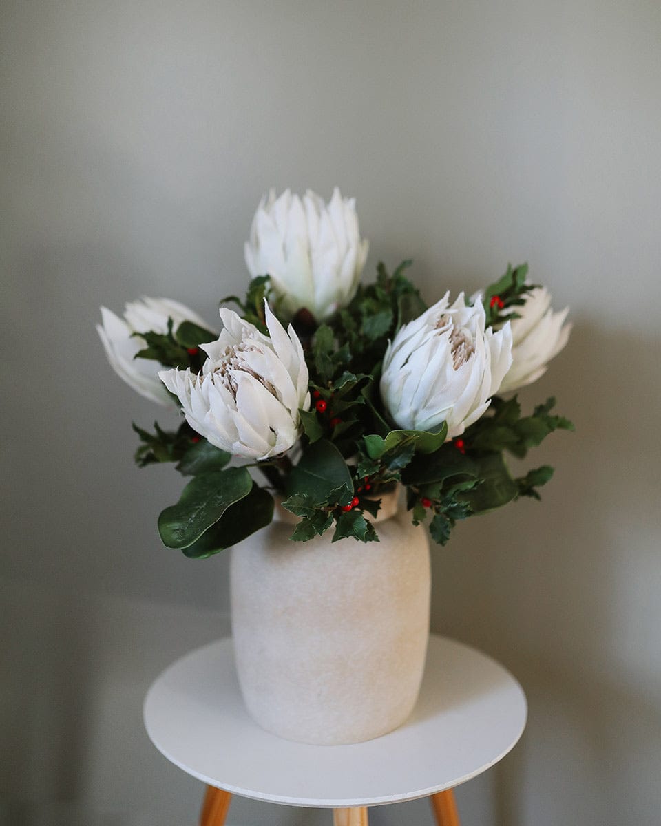 Tropical Proteas Styled with Artificial Holly Leaves and Berries Home Decor