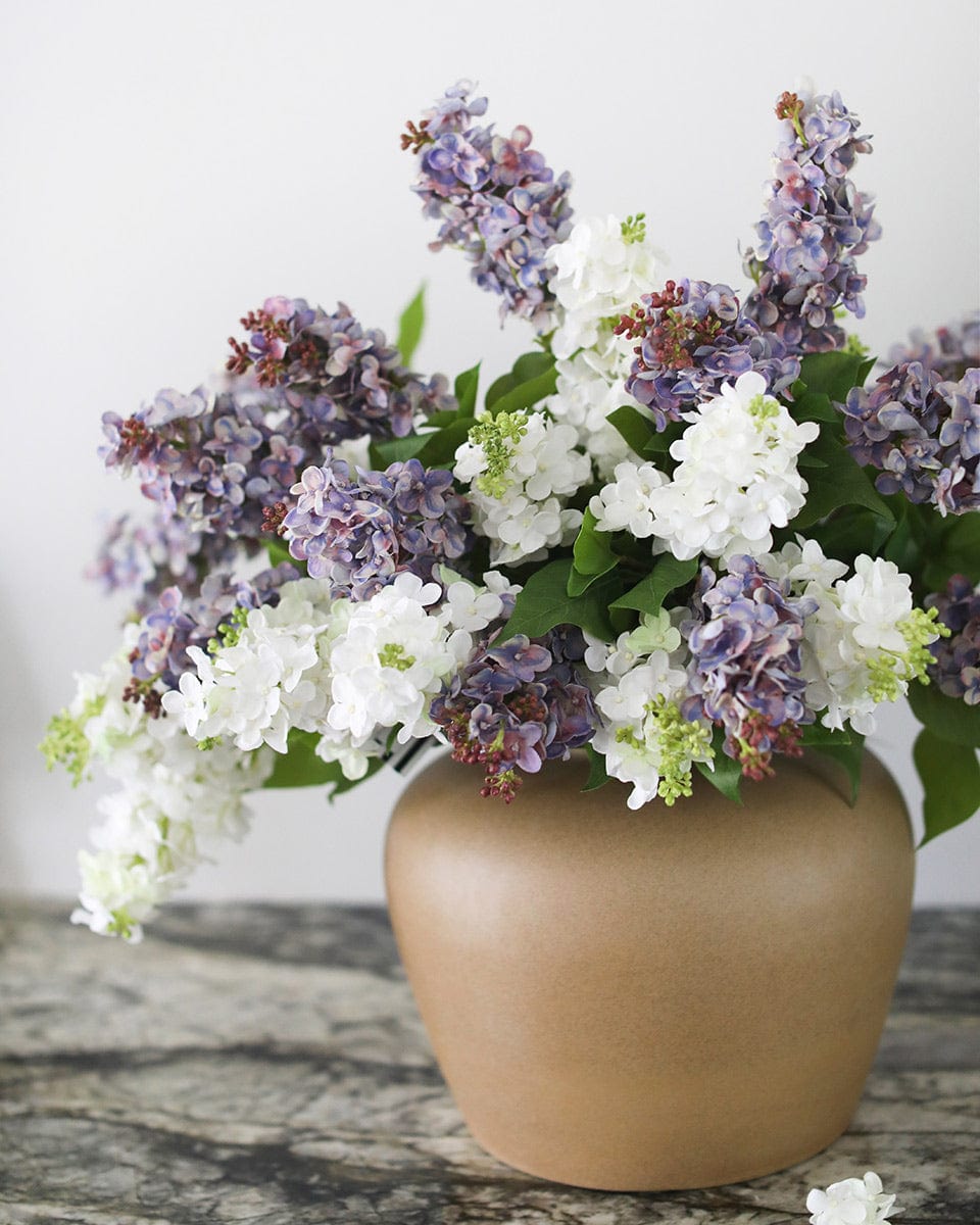 White and Purple Lilac Real Touch Flowers in Ceramic Vase