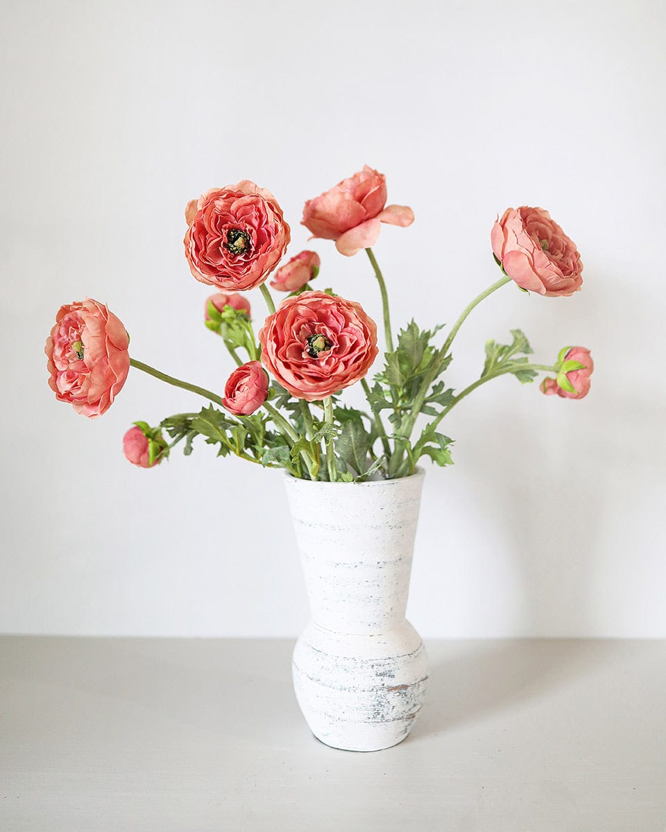 Photograph of Salmon Pink Artificial Ranunculus Flowers in White Vase