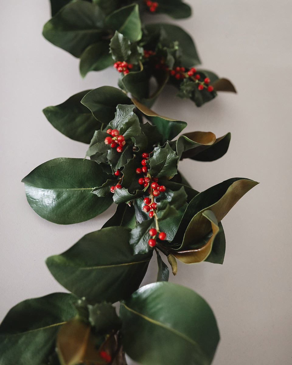 Greeny Faux Magnolia Leaf Garland with Holly Berries