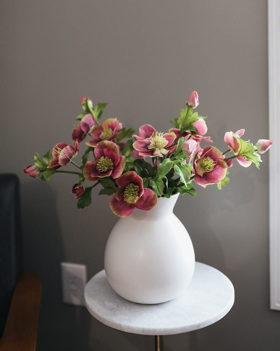 Pink Flowers Artificial Hellebore Stems in Ceramic Vase