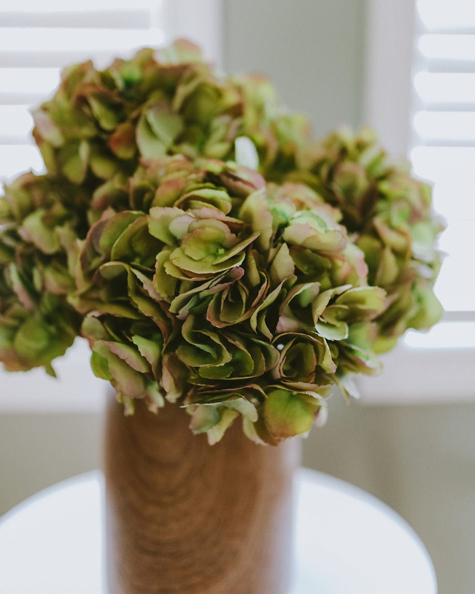 Flower Arrangement with Dried Look Faux Green Hydrangeas