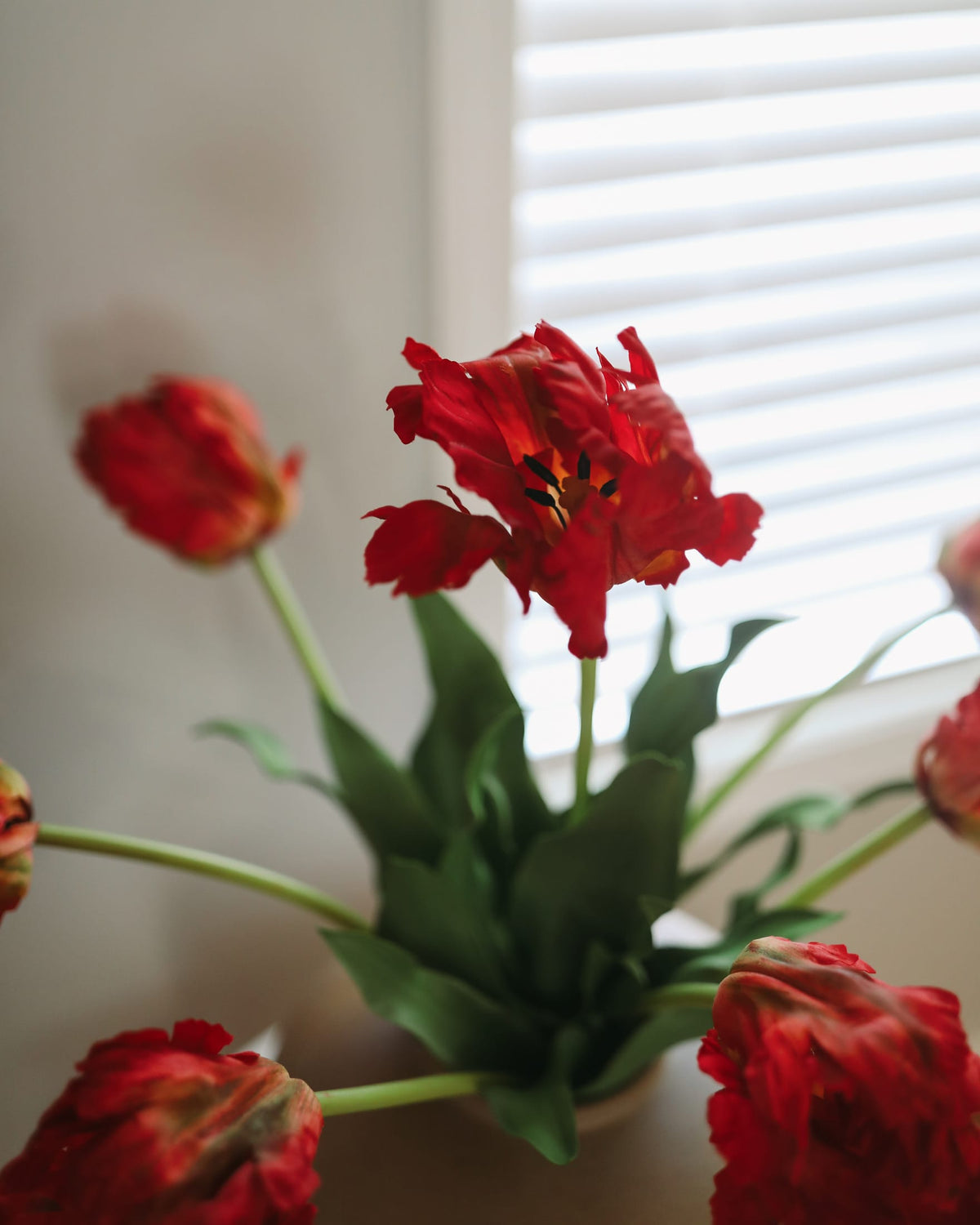 Faux red tulips in a vase with a blurred window background