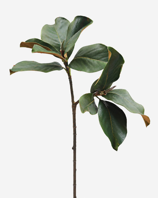 A single faux magnolia stem with large glossy green leaves and a few browned tips, isolated on a light gray background.