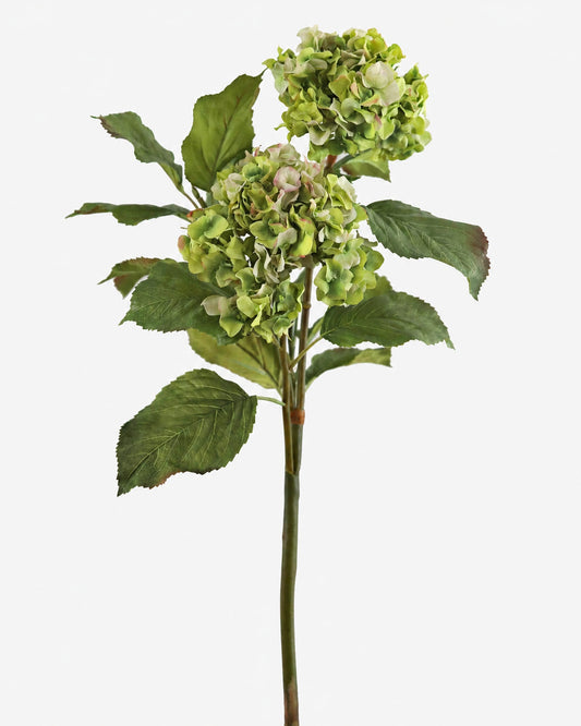 An artificial green hydrangea stem with two clustered flower heads and several green leaves, photographed against a plain light gray background.