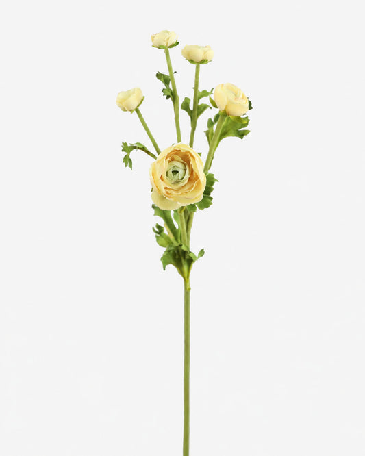 A single artificial ranunculus flower stem with pale yellow petals, green leaves, and buds, isolated on a light gray background.