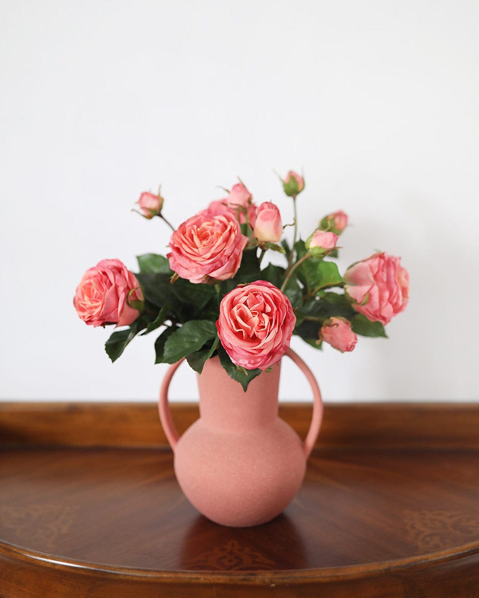 Artificial Coral Real Touch Roses Styling in Pink Vase with Handles