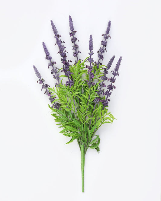 An artificial lavender stem with purple flowers and green leaves, arranged upright on a plain white background.